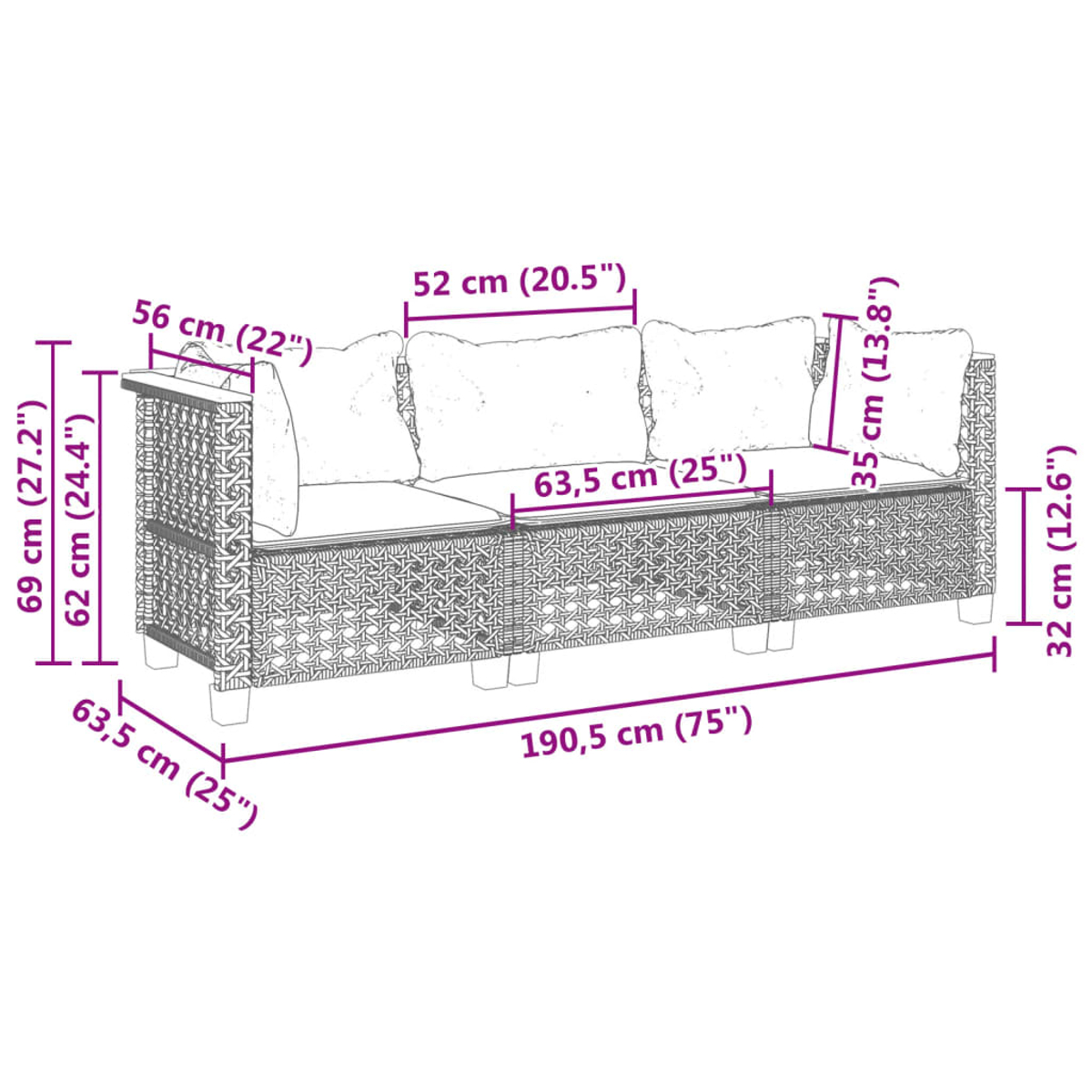 Sofa mit Maßen. Das Sofa hat ein gewebtes Muster, mit Kissen und einem Holzrahmen.
