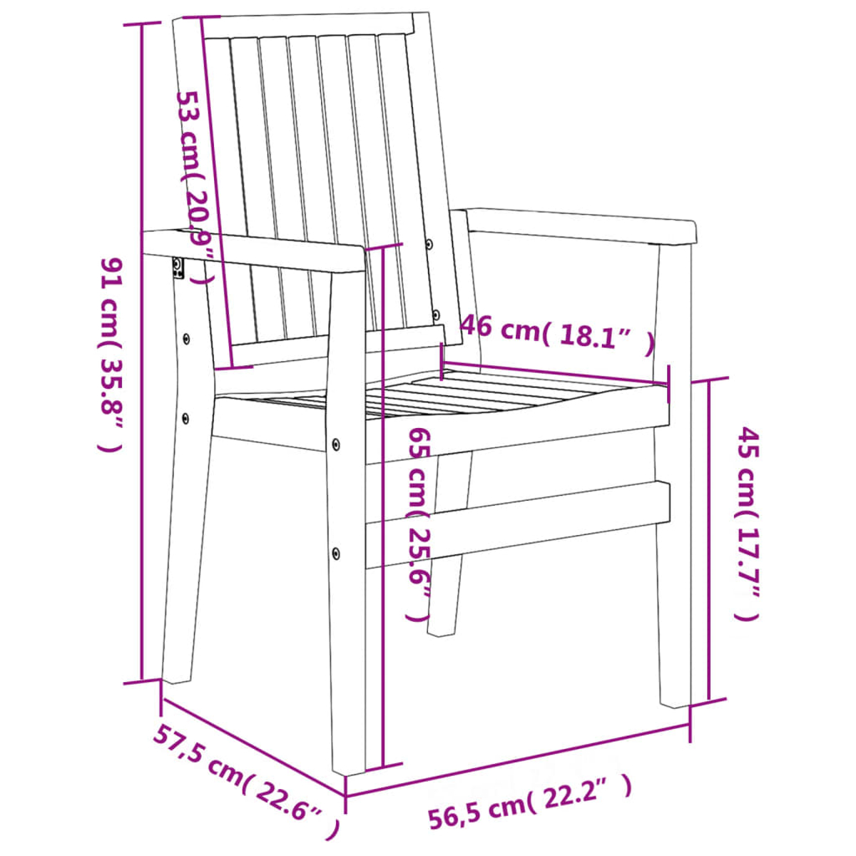 Detaillierte Zeichnung eines Holzstuhls mit Maßen in cm und Zoll.