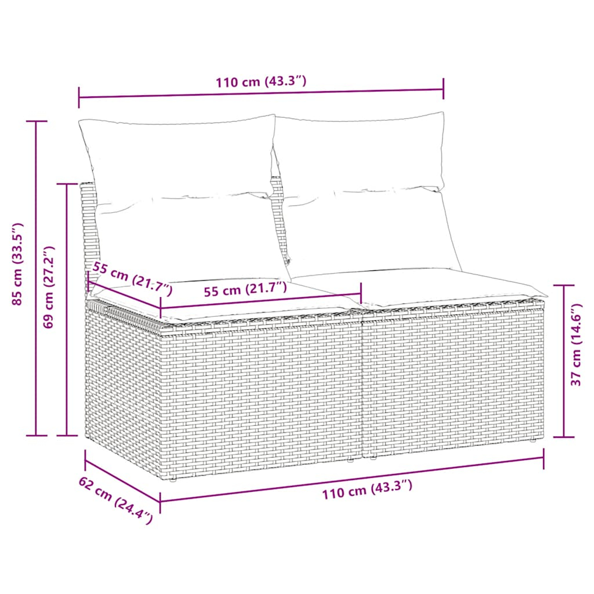 Rattan-Außensofa mit grauen Kissen. Abmessungen werden in cm und Zoll angezeigt.