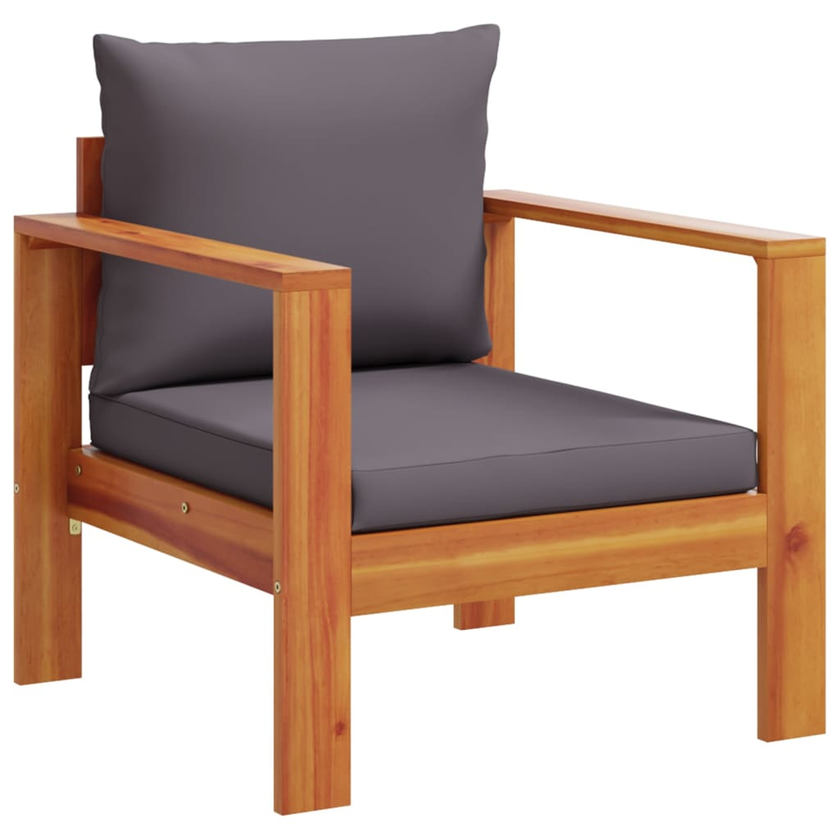 Poltrona in legno con cuscino e cuscino grigi, per uso esterno.