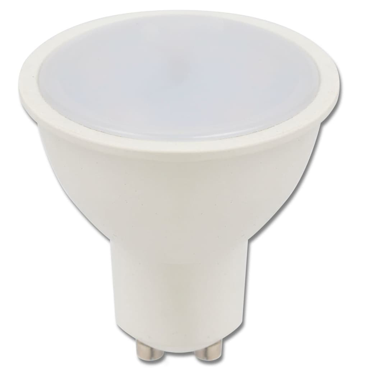 Eine weiße GU10 LED-Spotlight-Glühbirne mit rundem Körper und zwei silbernen Stiften.