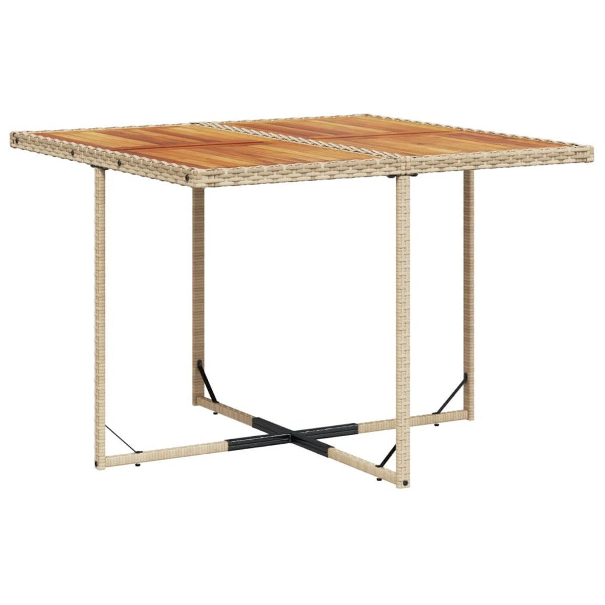 Mesa cuadrada para exteriores. Laterales beige tejidos, tapa de madera. Base cruzada negra.