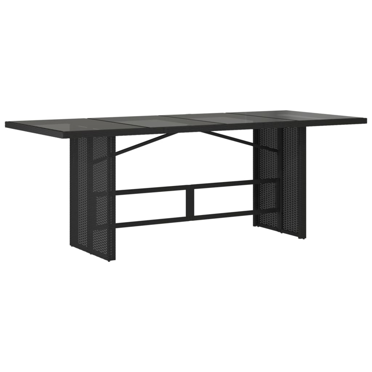 Schwarzer Outdoor-Bartisch mit Glasplatte und Webmuster an den Seiten.