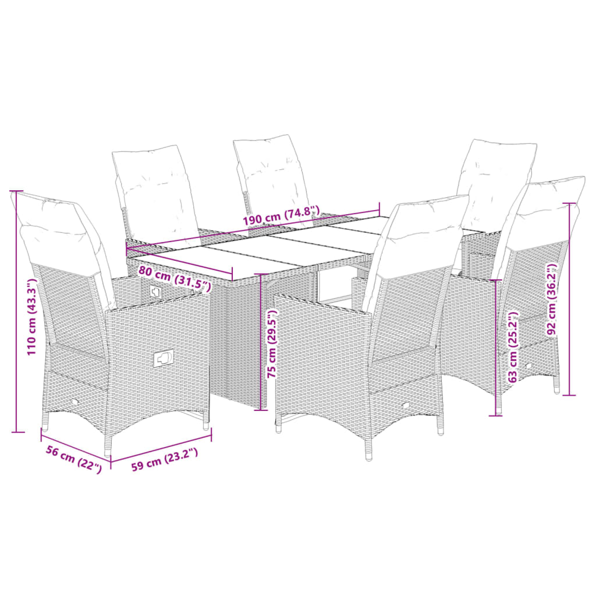 Outdoor-Ess-Set mit Maßen. Schwarz, sechs Stühle, cremefarbene Kissen.