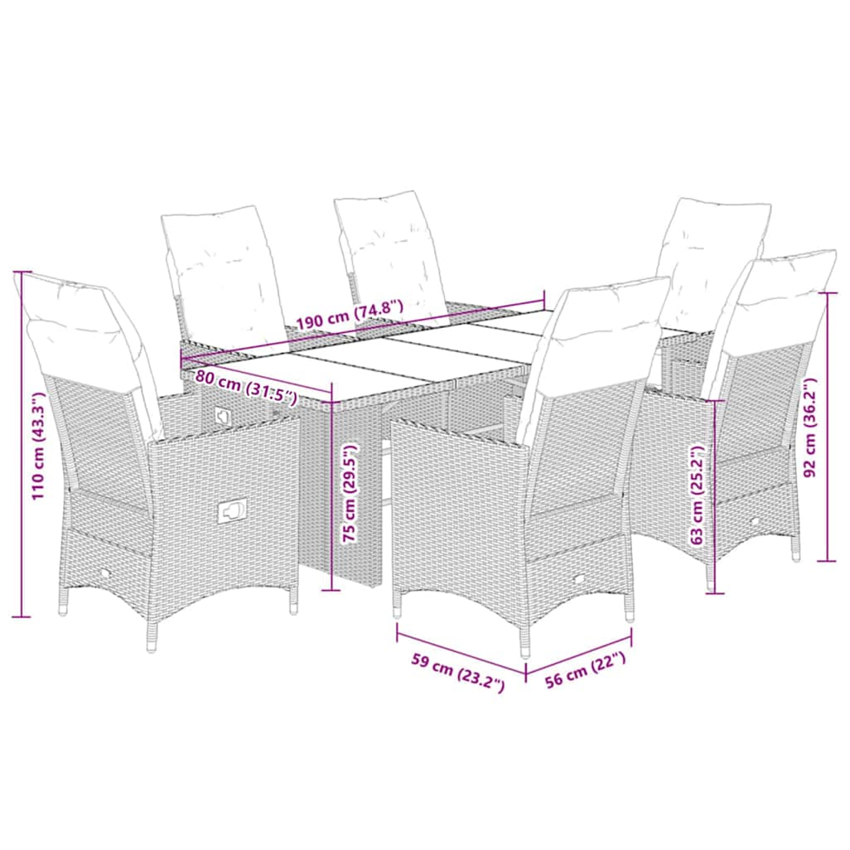 Diagramma di un set da pranzo per esterni in rattan con dimensioni. Tavolo, sei sedie con cuscini neri. Misure in cm.