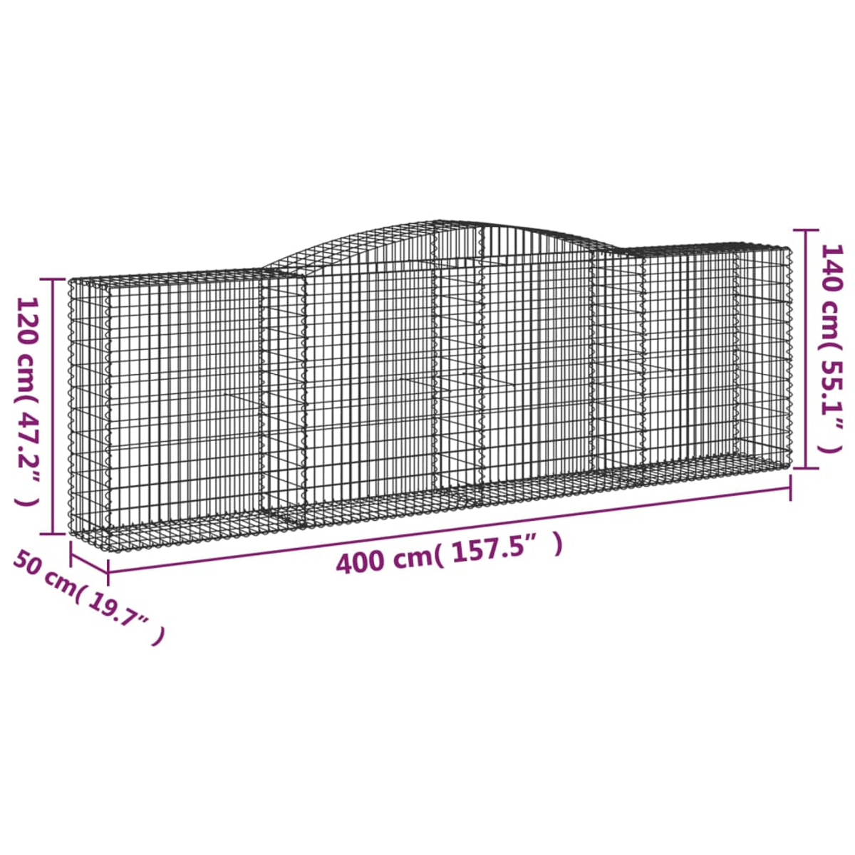 Gabionenwand mit Abmessungen. 400 cm lang, 140 cm hoch, 50 cm tief.