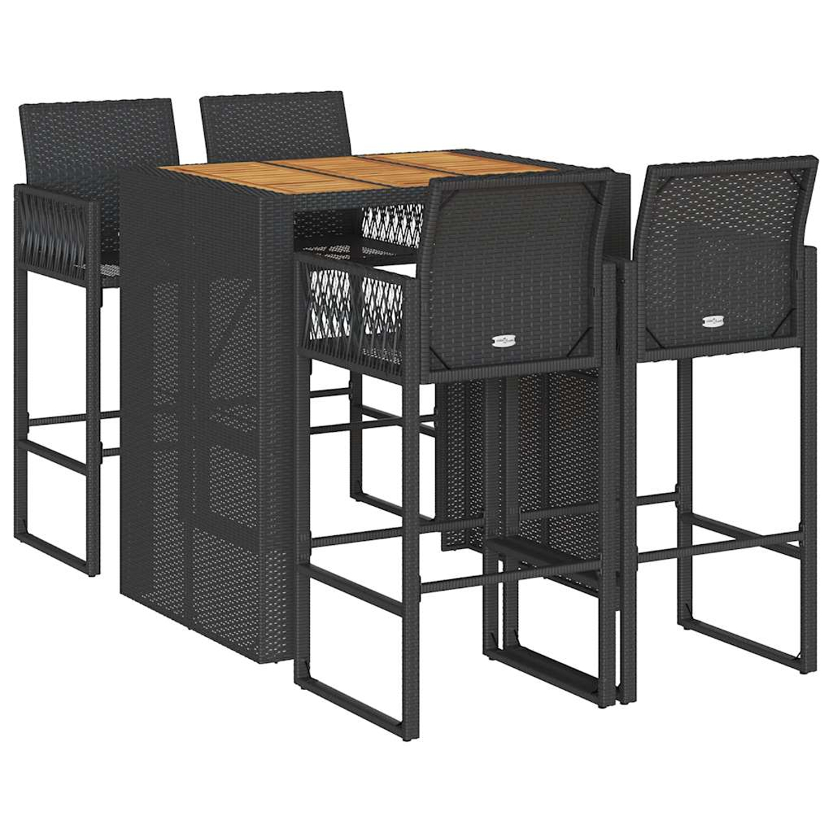 Set bar nero con piano in legno. Tavolo quadrato con sedie. Ambientazione esterna.
