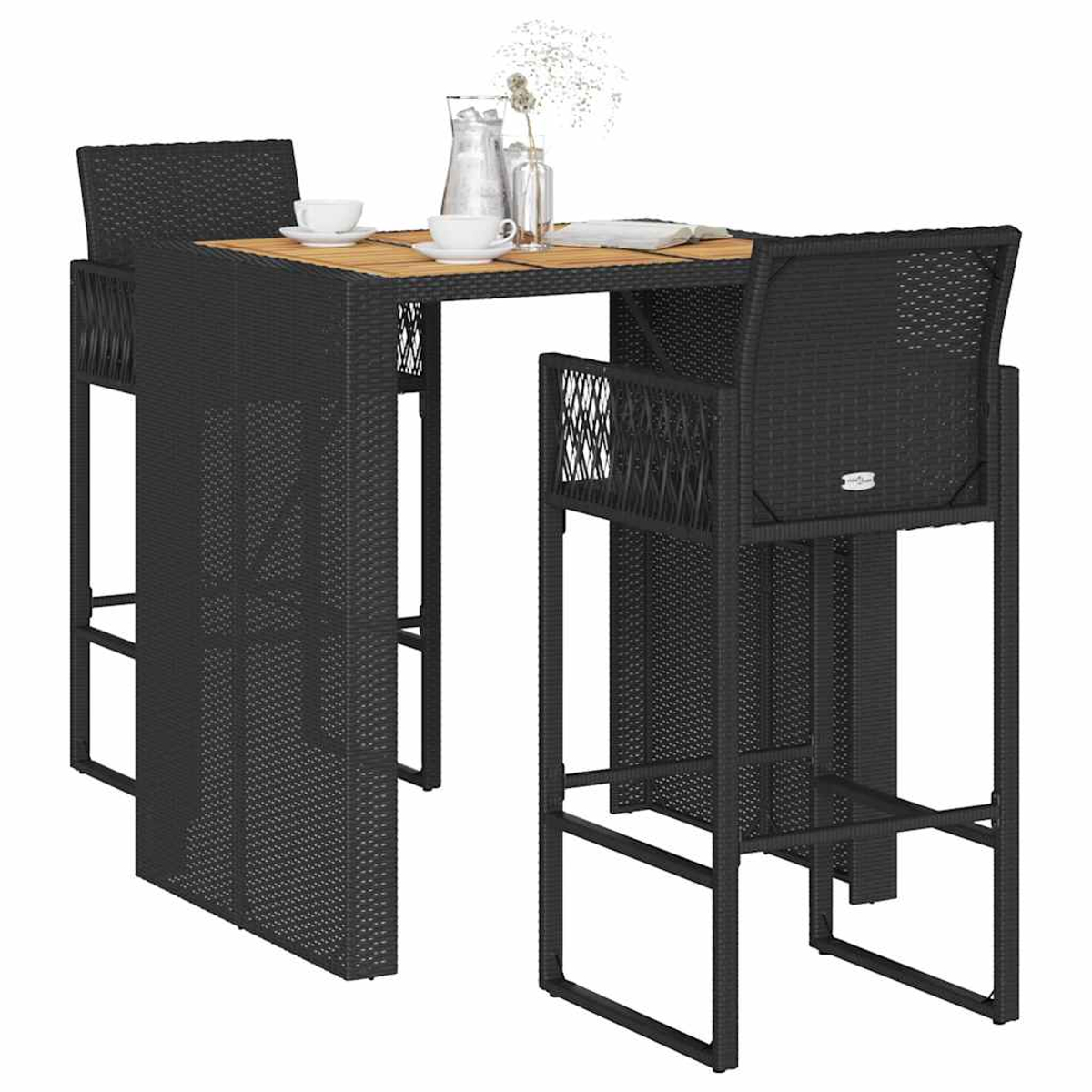 Schwarzes Outdoor-Bar-Set mit zwei Barhockern und einem kleinen Tisch. Tisch hat eine Holzplatte.
