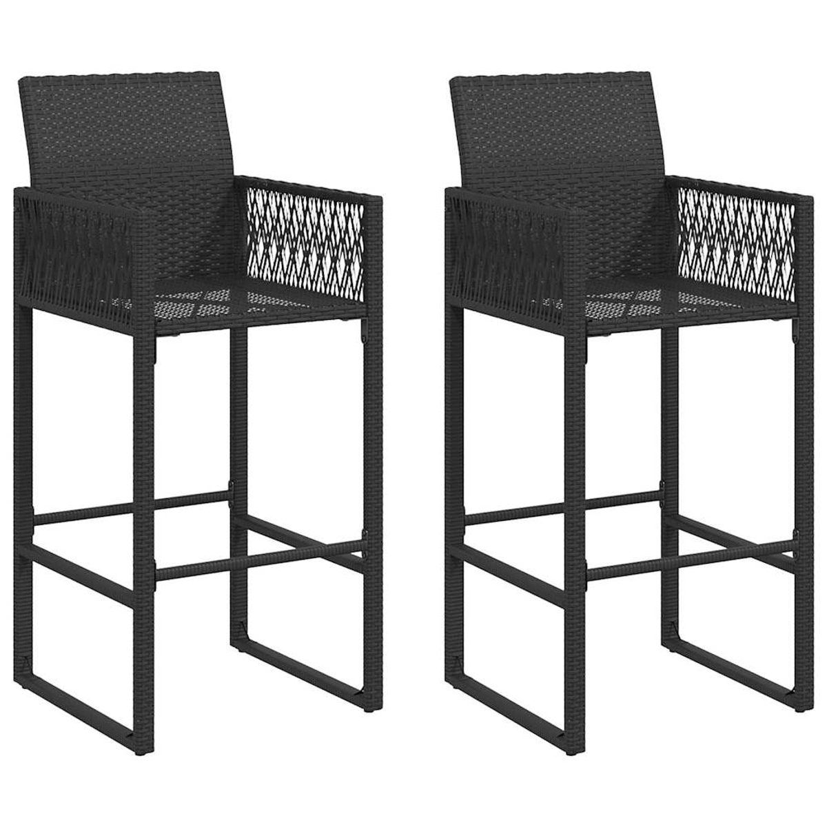 Zwei schwarze Barhocker. Die Hocker haben ein gewebtes Design und stehen vor weißem Hintergrund.