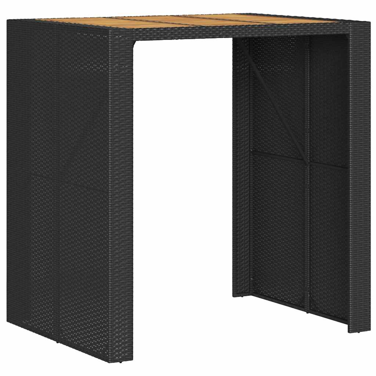 Schwarzer Korbtisch mit Holzplatte. Der Tisch ist unten offen.