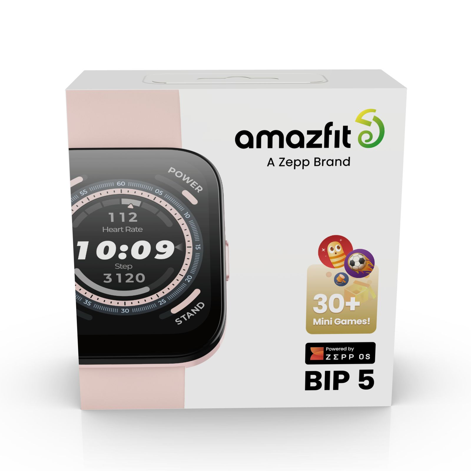 Pudełko smartwatcha. Wyświetlacz pokazuje tętno, czas i kroki. Ma markę Amazfit i napis "BIP 5".