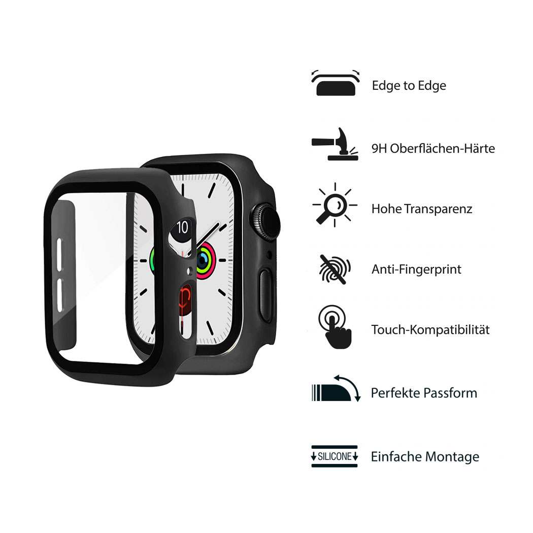 Schwarzes Apple Watch Gehäuse mit Displayschutz. Textindikatoren auf der rechten Seite.