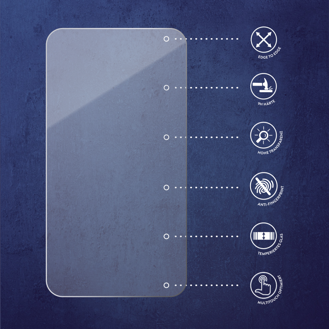 Transparenter Displayschutz mit Symbolen. Edge-to-Edge, 9H Härte, hohe Transparenz etc.