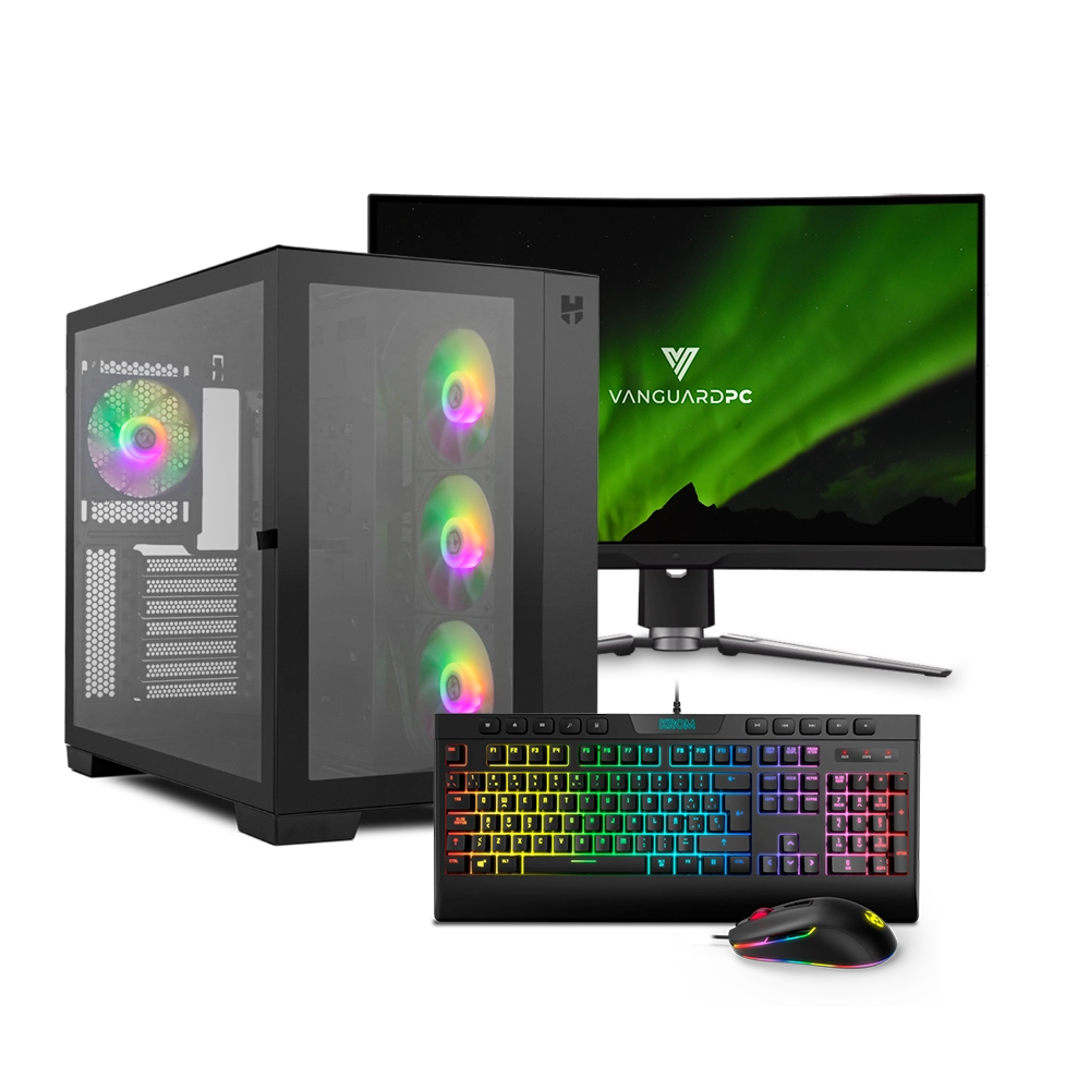 Una configuración de PC para juegos. Carcasa negra con ventiladores coloridos, monitor, teclado y ratón.