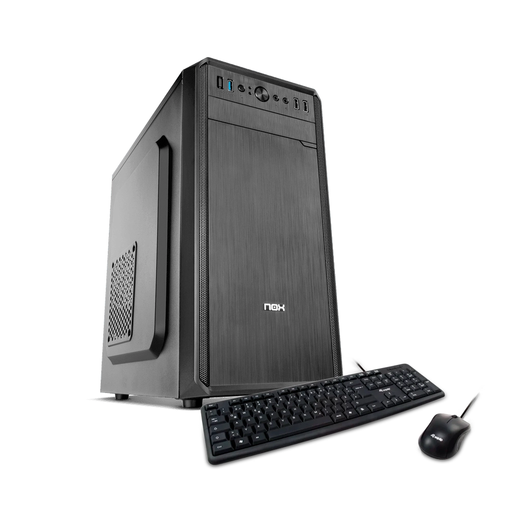 Una caja de PC negra con teclado y ratón. El fondo es negro.