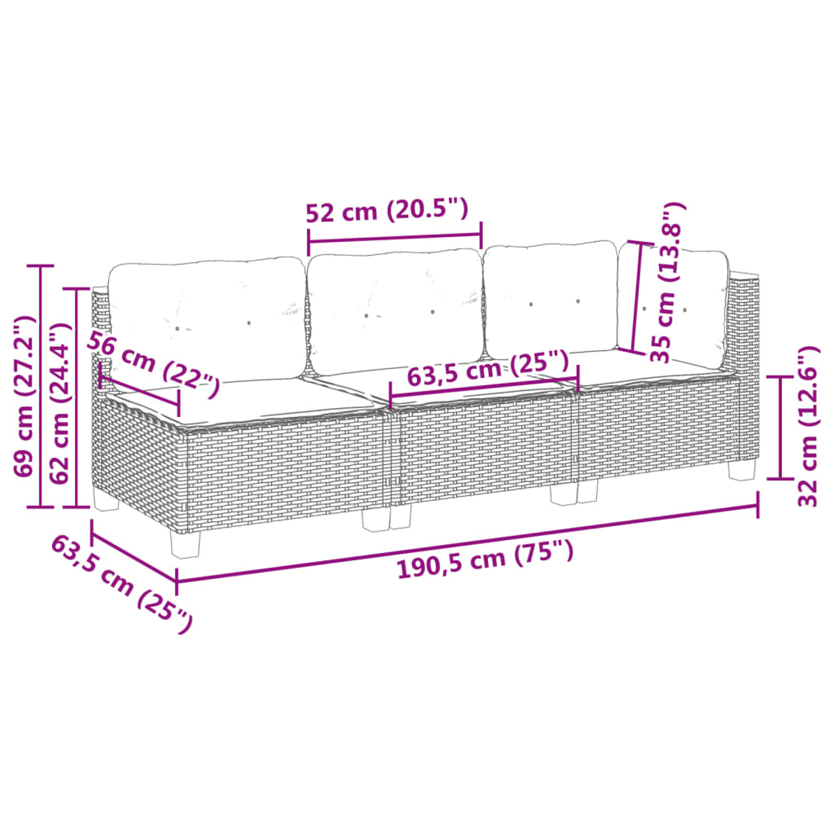 Un divano bianco con dimensioni espresse in centimetri e pollici. Sfondo bianco.