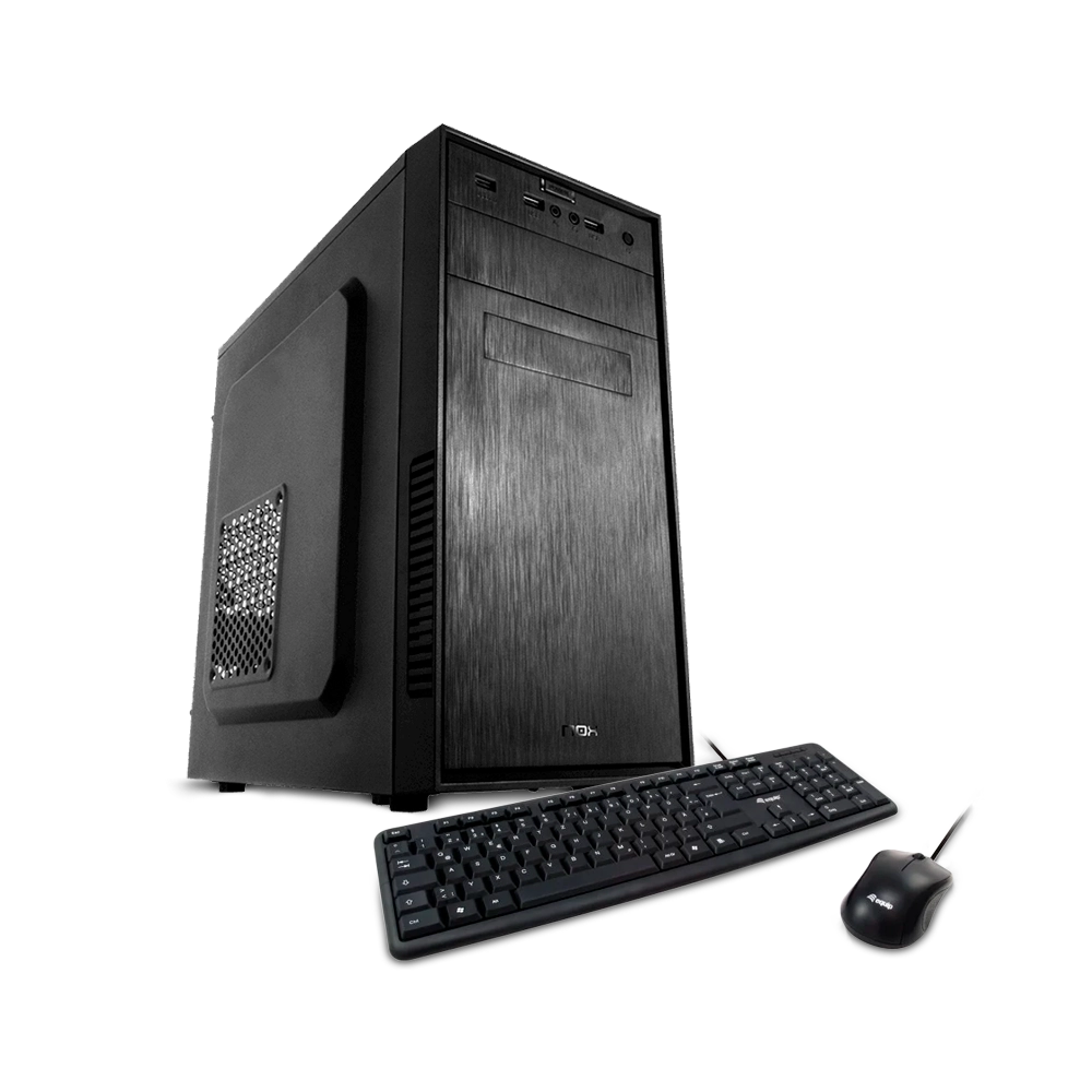 PC negro con teclado y ratón. El PC tiene un aspecto de metal cepillado. El teclado y el ratón también son negros.