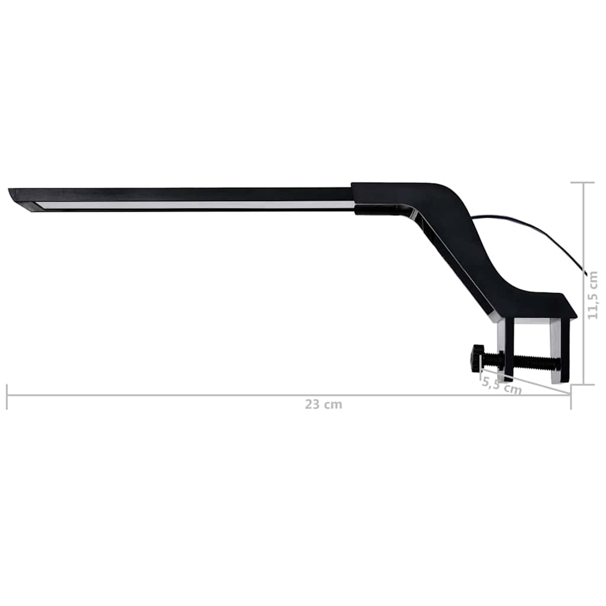 Schwarze Aquarienleuchte mit Klemme. Maße: 23 cm lang, 5,5 cm Klemme, 11,5 cm hoch. Weißer Hintergrund.