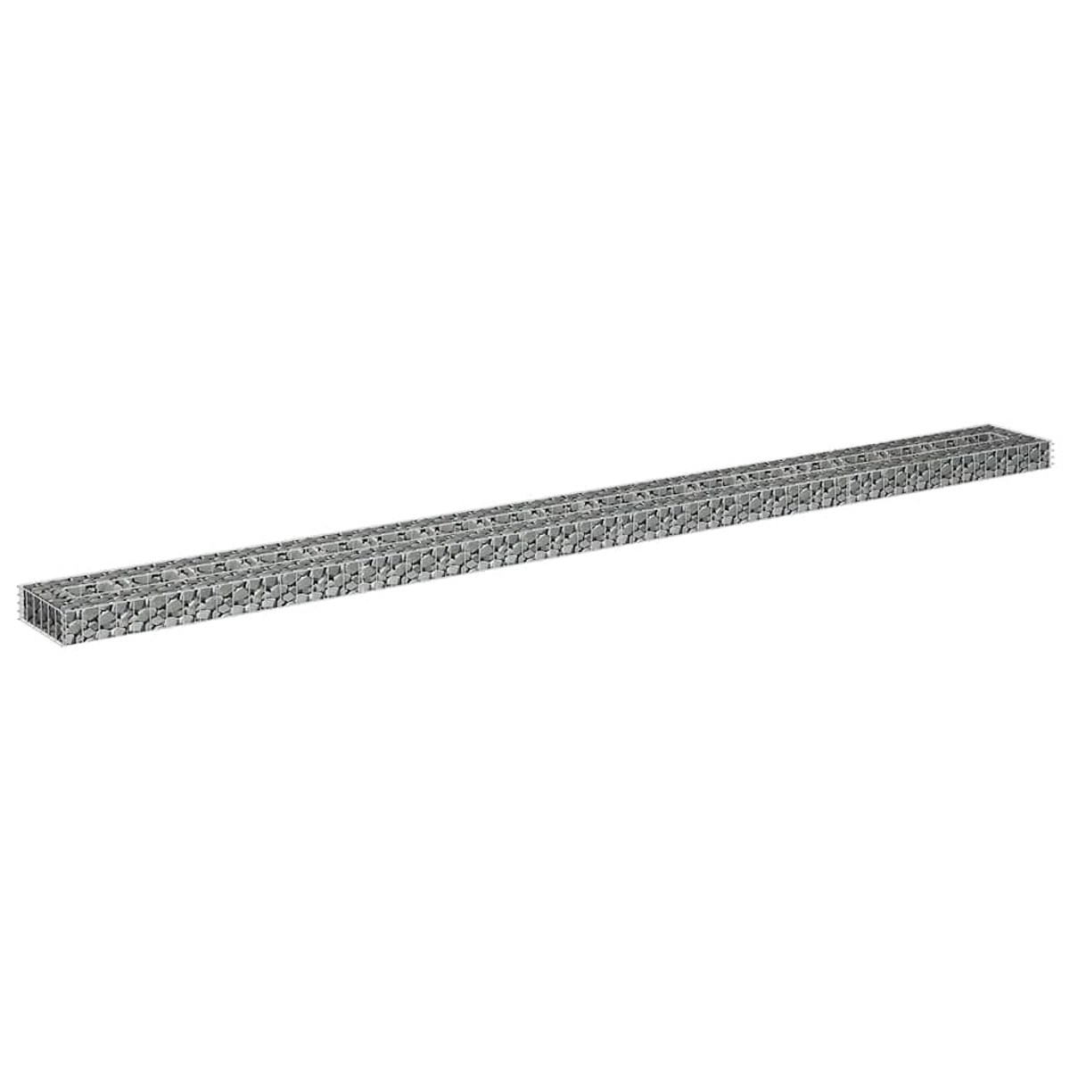 Ein langer, gefüllter Gabion, der graue Steine in einem Metallrahmen zeigt.