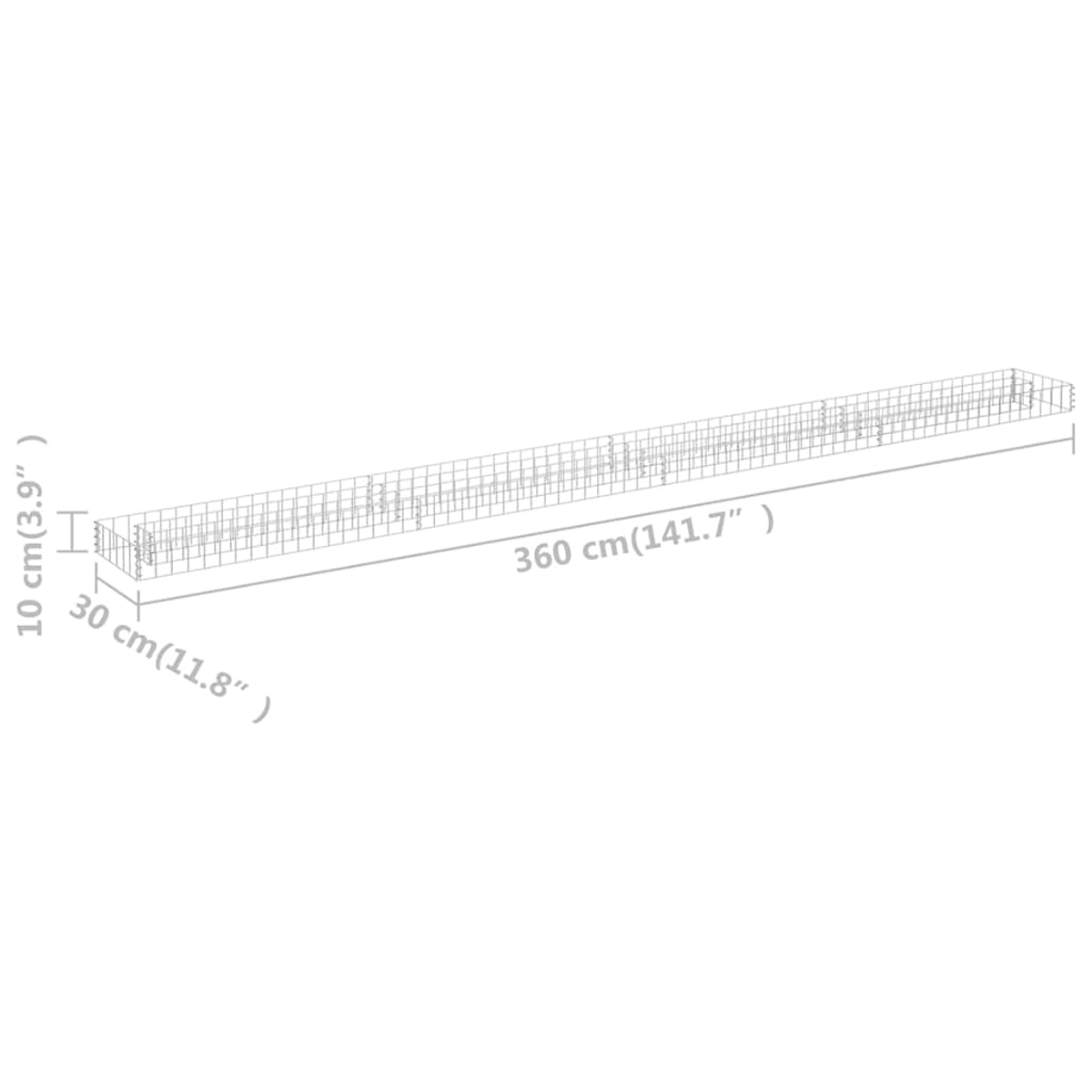 Lange Gabione mit Abmessungen in cm und Zoll, leer.
