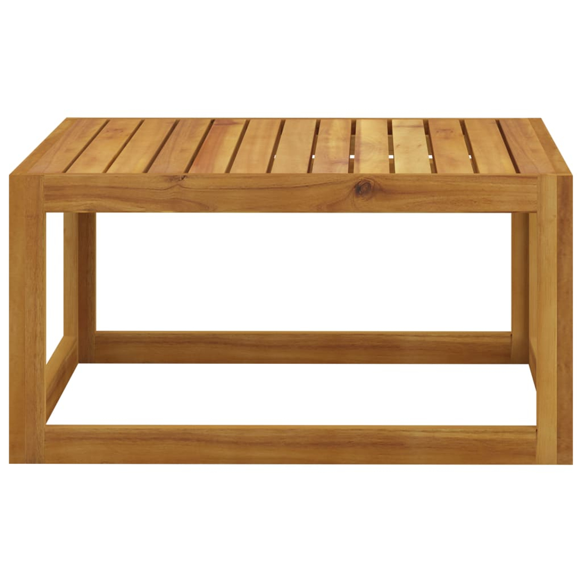 Ein rechteckiger Holztisch mit Lamellenoberfläche und offenen Seiten.