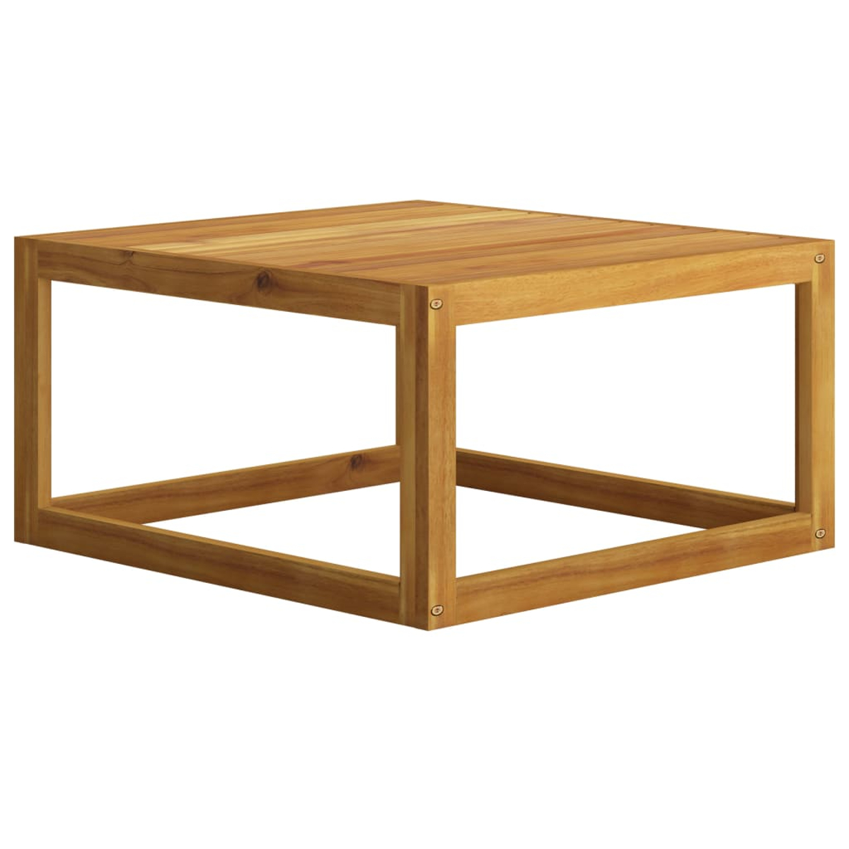 Ein quadratischer Holztisch für den Außenbereich. Der Tisch ist braun und hat einen Rahmen.