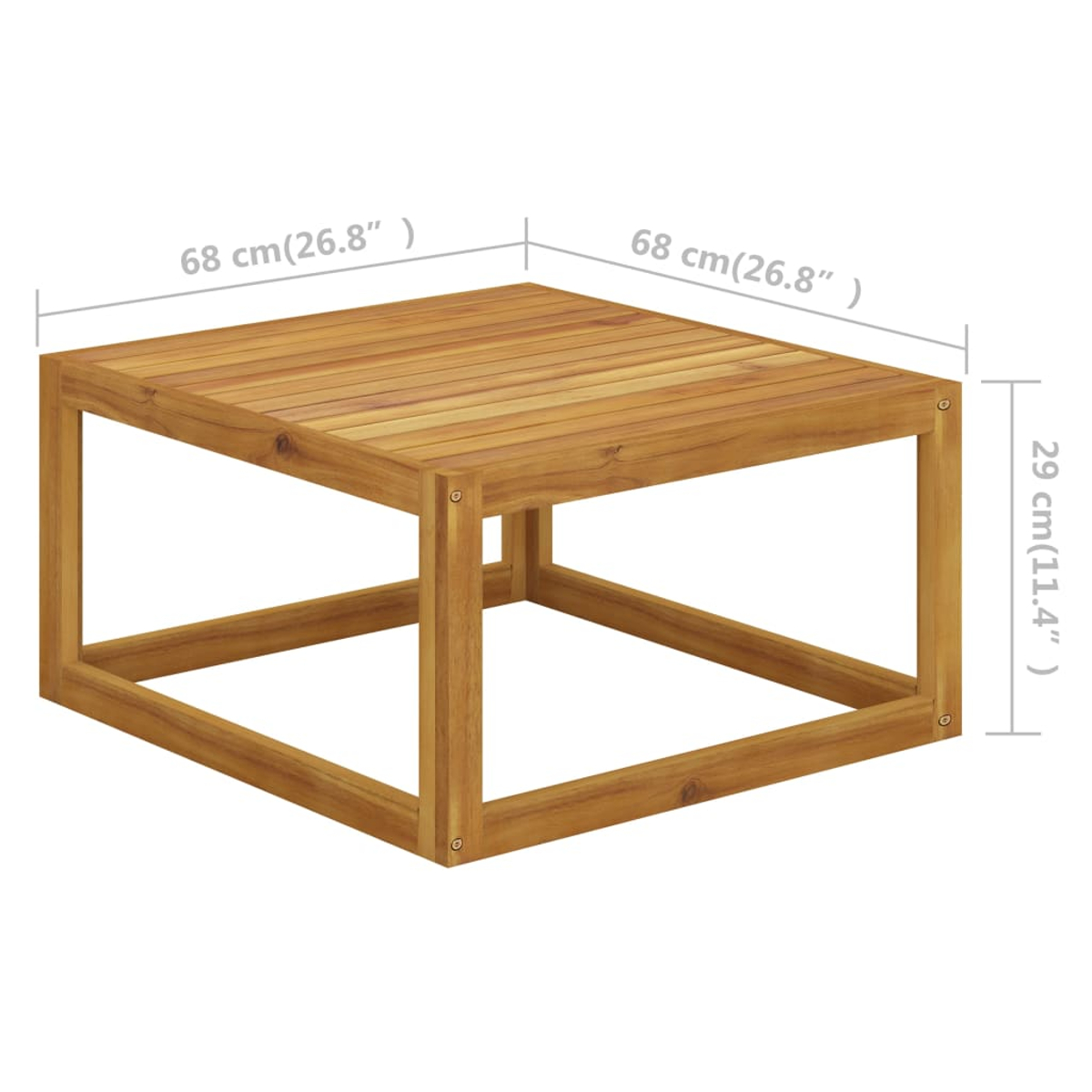 Ein Holztisch für den Außenbereich, Maße beschriftet. Der Tisch ist braun.