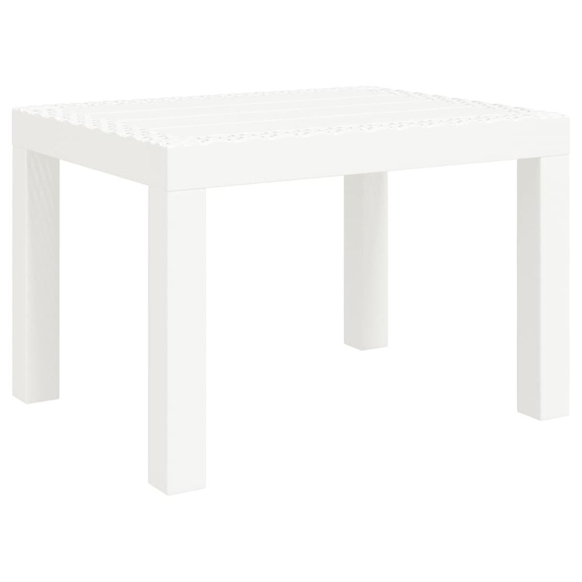 Ein weißer quadratischer Tisch mit Lattenrost. Der Tisch ist auf weißem Hintergrund.