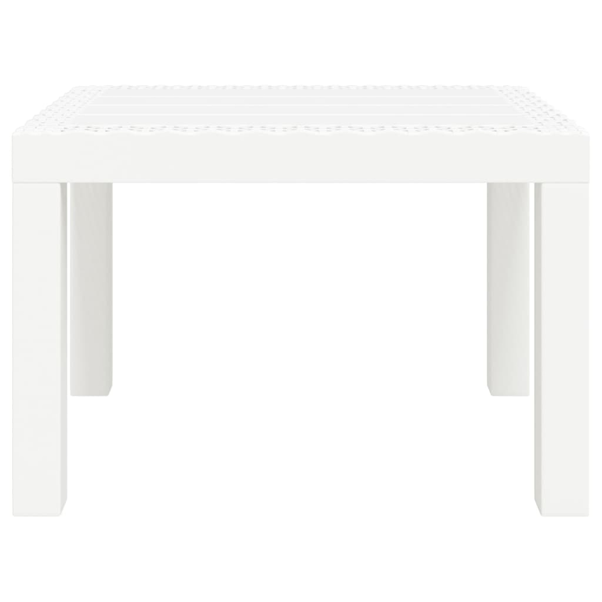 Ein weißer quadratischer Tisch mit vier Beinen und einer perforierten Oberfläche auf weißem Hintergrund.