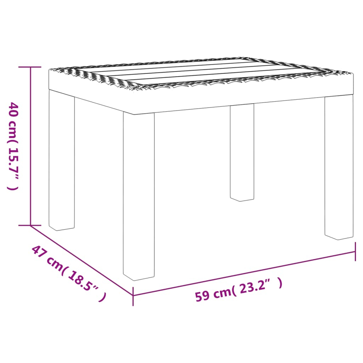 Weißer Tisch mit Abmessungen. Der Tisch hat vier Beine und ein gewebtes Design oben.