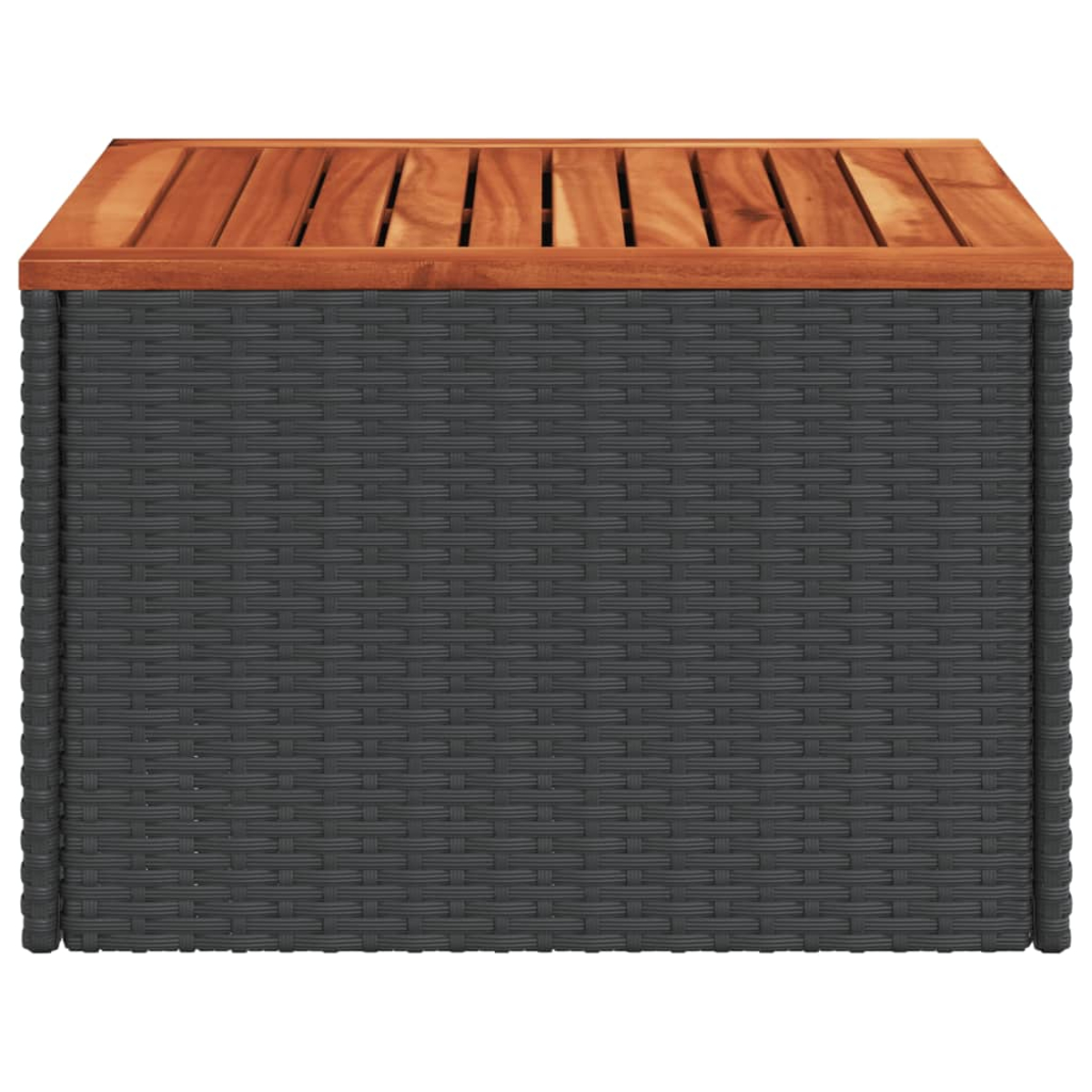 Tavolo da esterno con lati in tessuto grigio scuro e piano in legno.