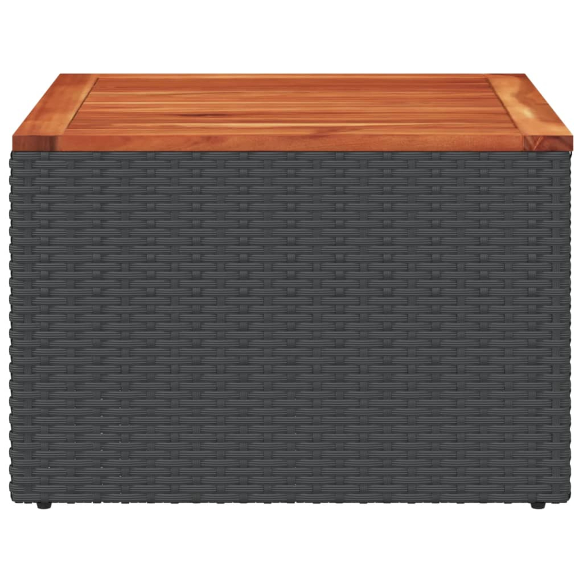 Un contenitore in stile rattan intrecciato grigio e nero con piano in legno. La scatola è rettangolare.