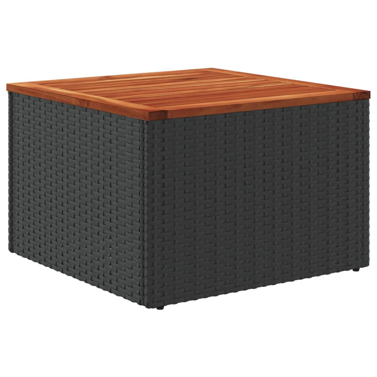 Tavolo quadrato da esterno con lati in tessuto grigio scuro e piano in legno.
