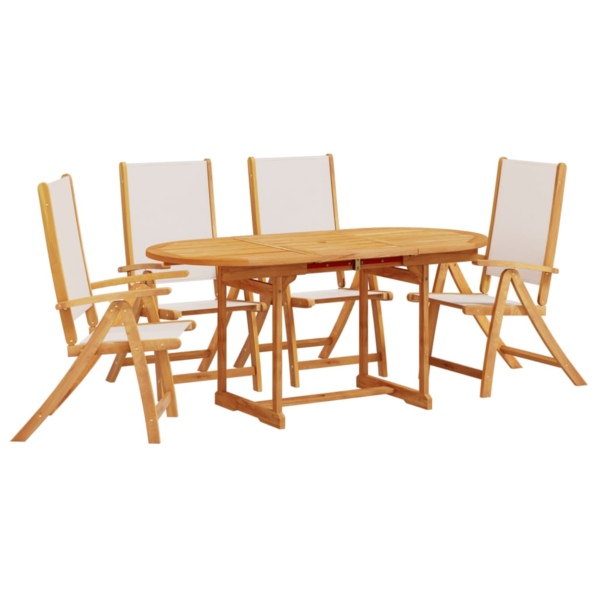 Set da pranzo in legno per esterni con tavolo ovale e quattro sedie, tutto su sfondo bianco.