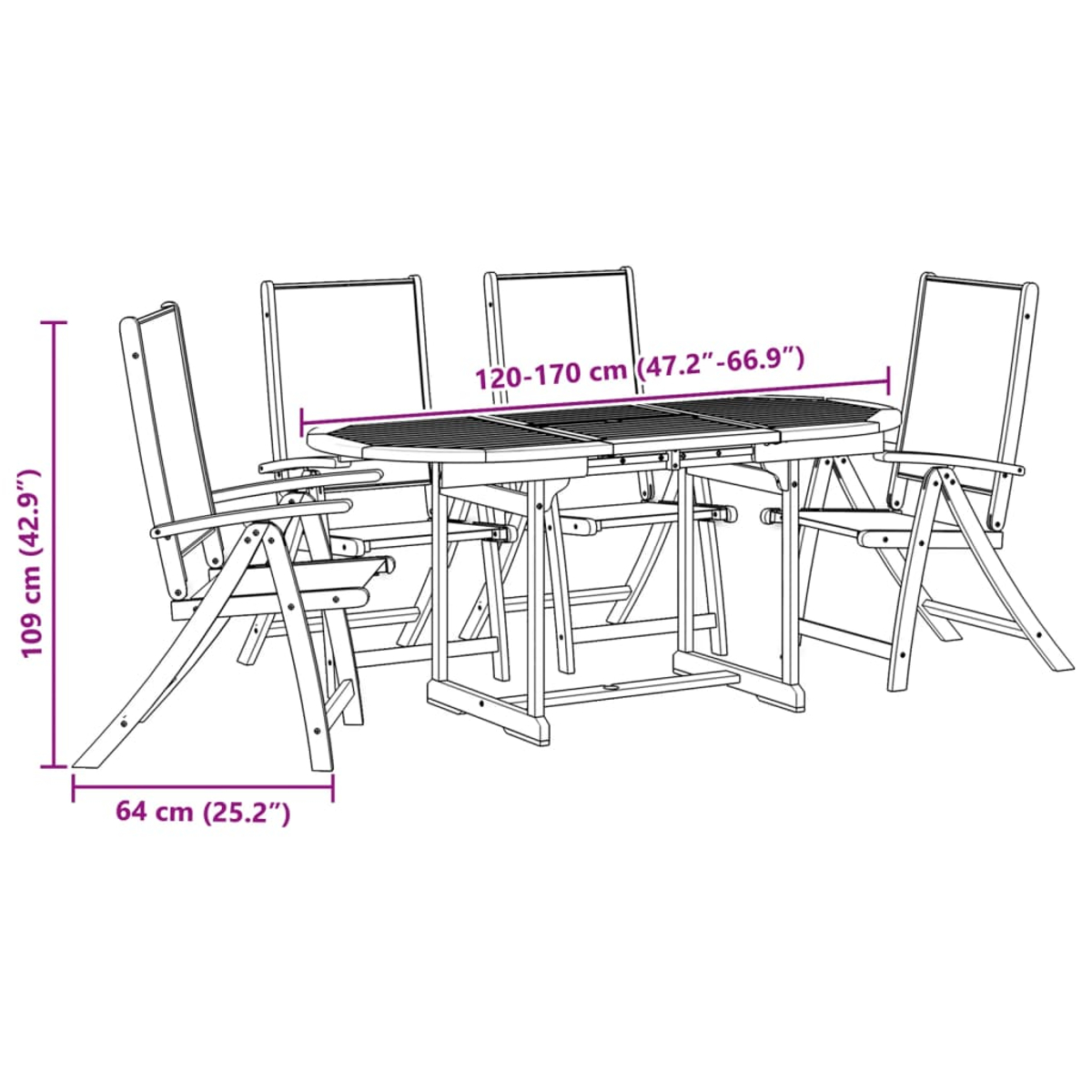 Un set da pranzo in legno per esterni con tavolo e quattro sedie, con dimensioni.
