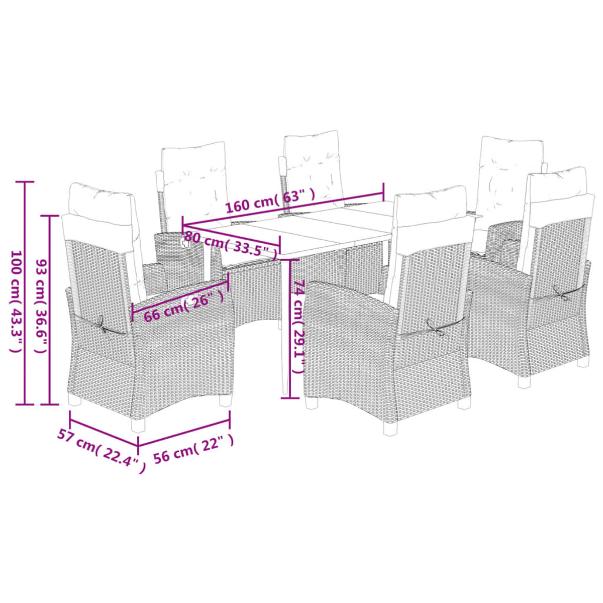 Set da pranzo per esterni con sedie in rattan e tavolo, dimensioni.