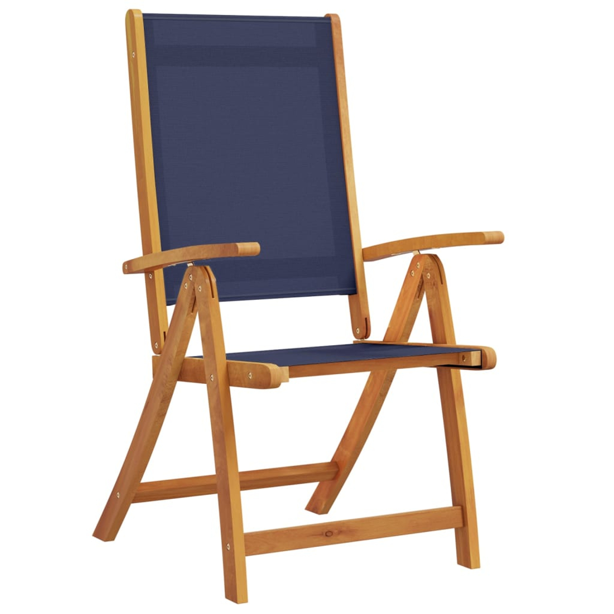 Holzstuhl mit dunkelblauem Stoffrücken. Es hat Armlehnen.