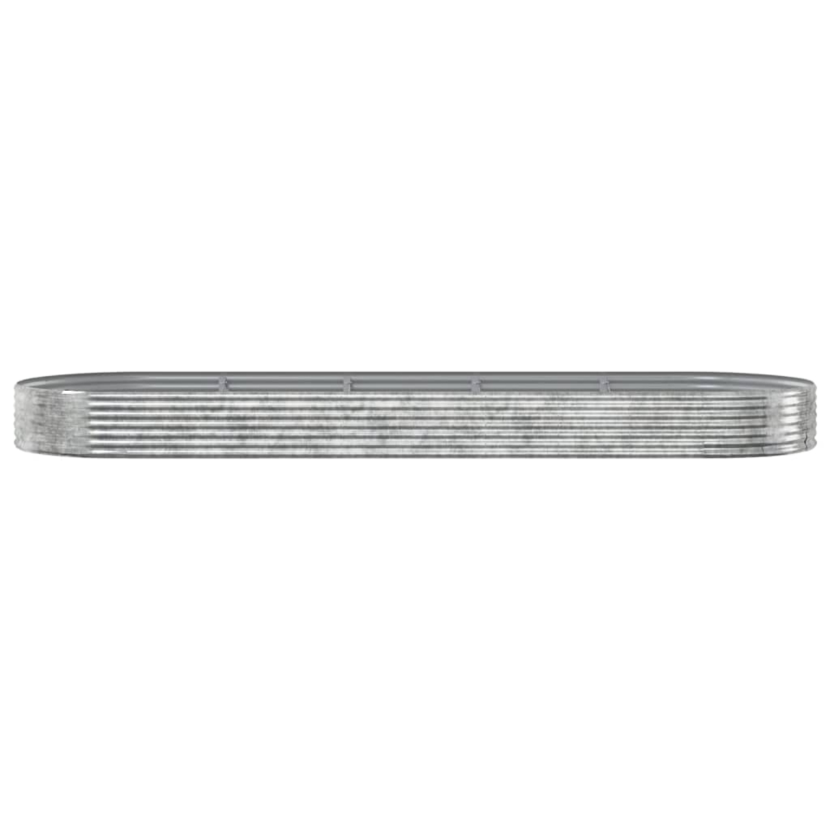 Ein langes, rechteckiges Hochbeet aus Metall mit gewelltem Design.
