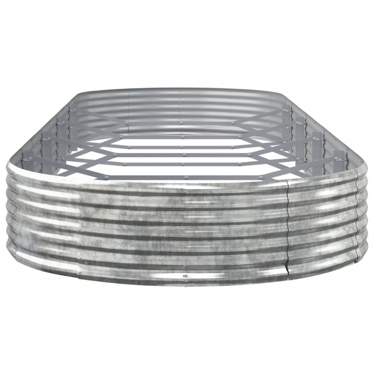 Ein rundes Hochbeet aus Metall mit gewelltem Design.