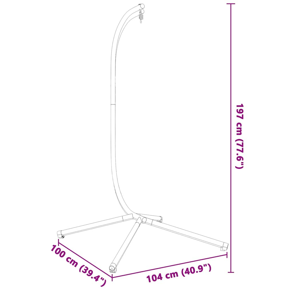 Eine Metall-Außendusche. Sie hat ein gebogenes Rohr und einen Sockel mit Abmessungen. Die Höhe beträgt 197 cm.