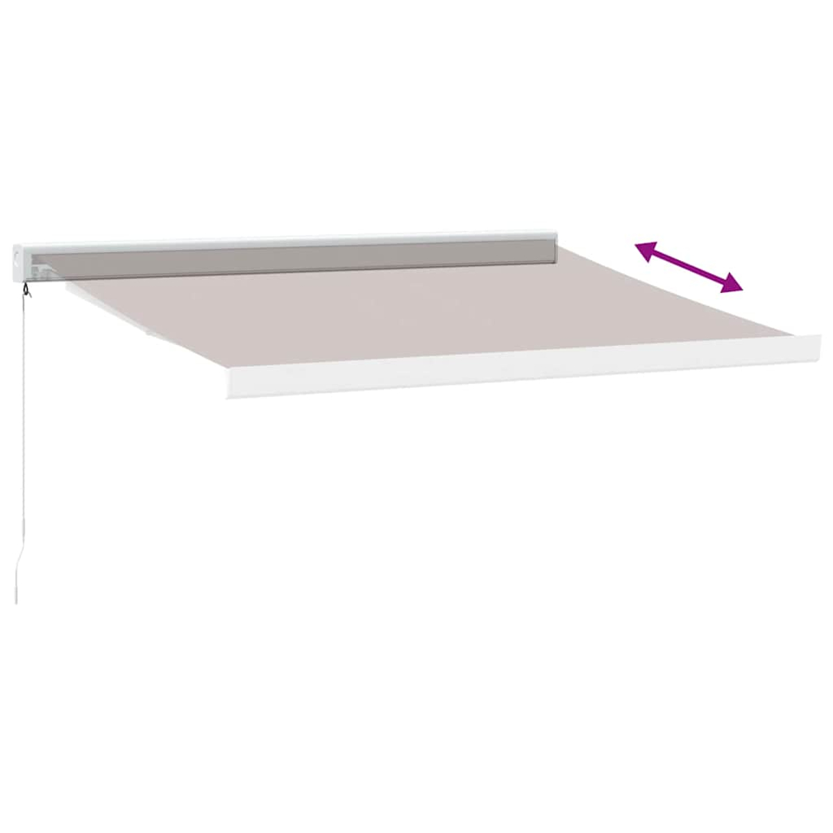 Una tenda da sole si estende, il colore è grigio chiaro. Il telaio è bianco. Una freccia indica l'estensione.