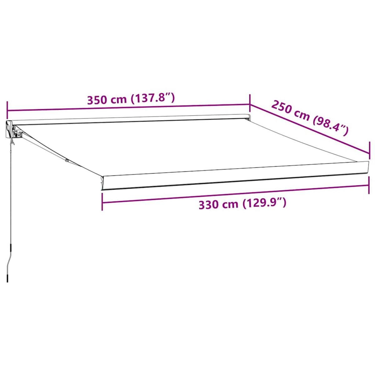 Tenda da sole con dimensioni in cm e pollici. Rettangolare, bianca, bordo ondulato.