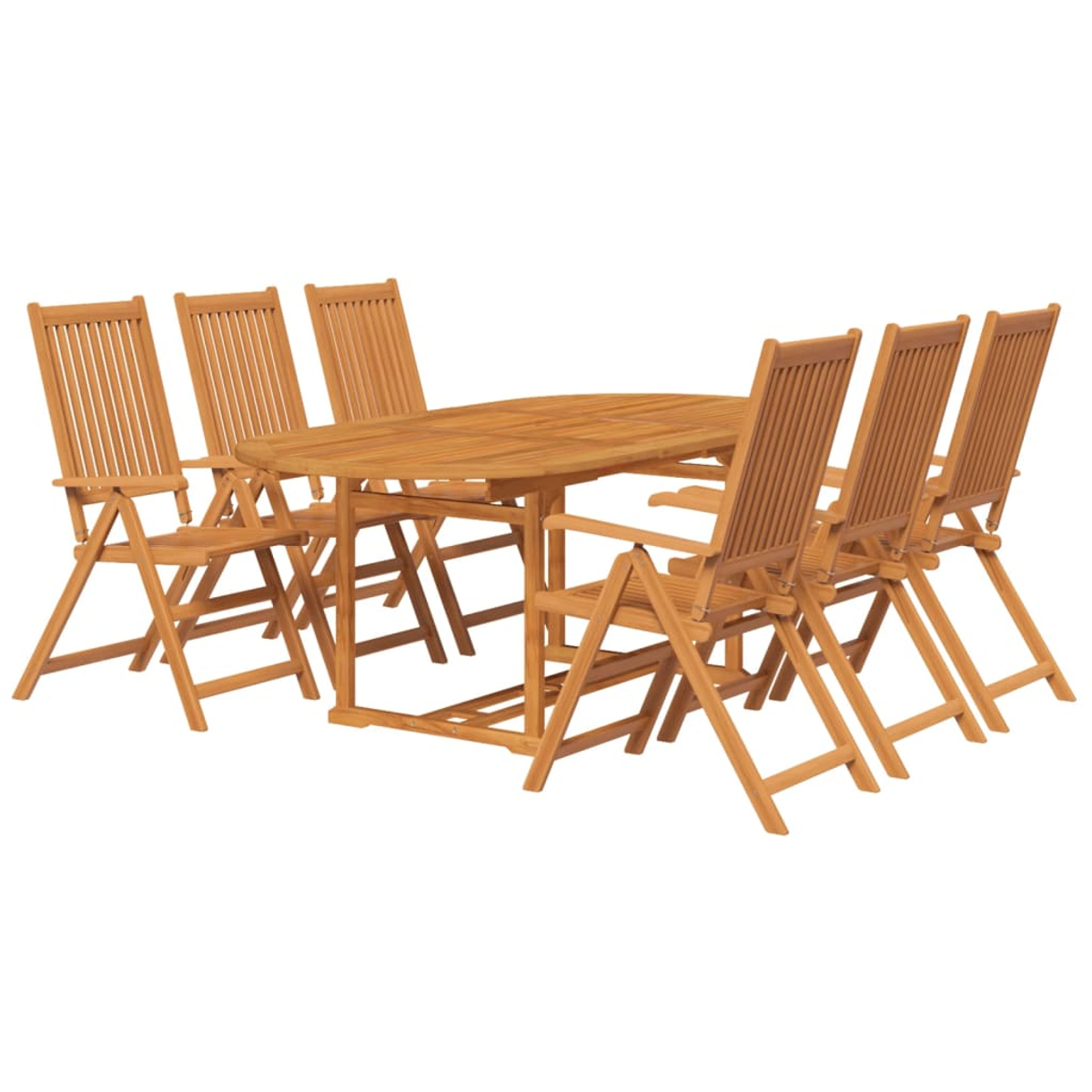 Ein hölzernes Ess-Set im Freien mit einem rechteckigen Tisch und Klappstühlen.