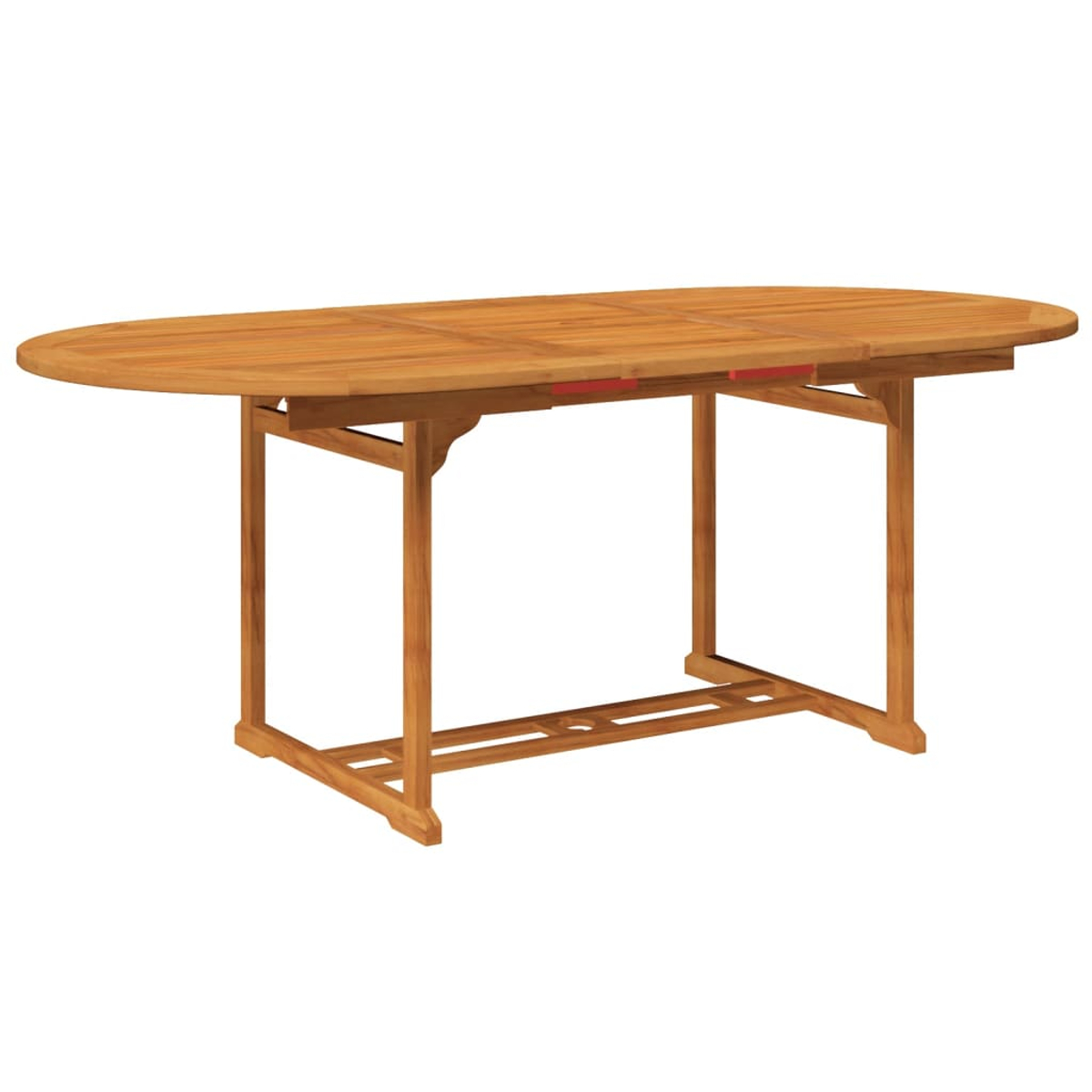 Ausziehbarer Holztisch mit roter Einlage. Draufsicht.