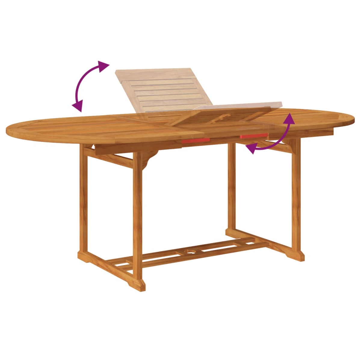 Holztisch mit Verlängerungsplatte. Pfeile zeigen, wie sich der Tisch verlängert. Rote Scharniere.