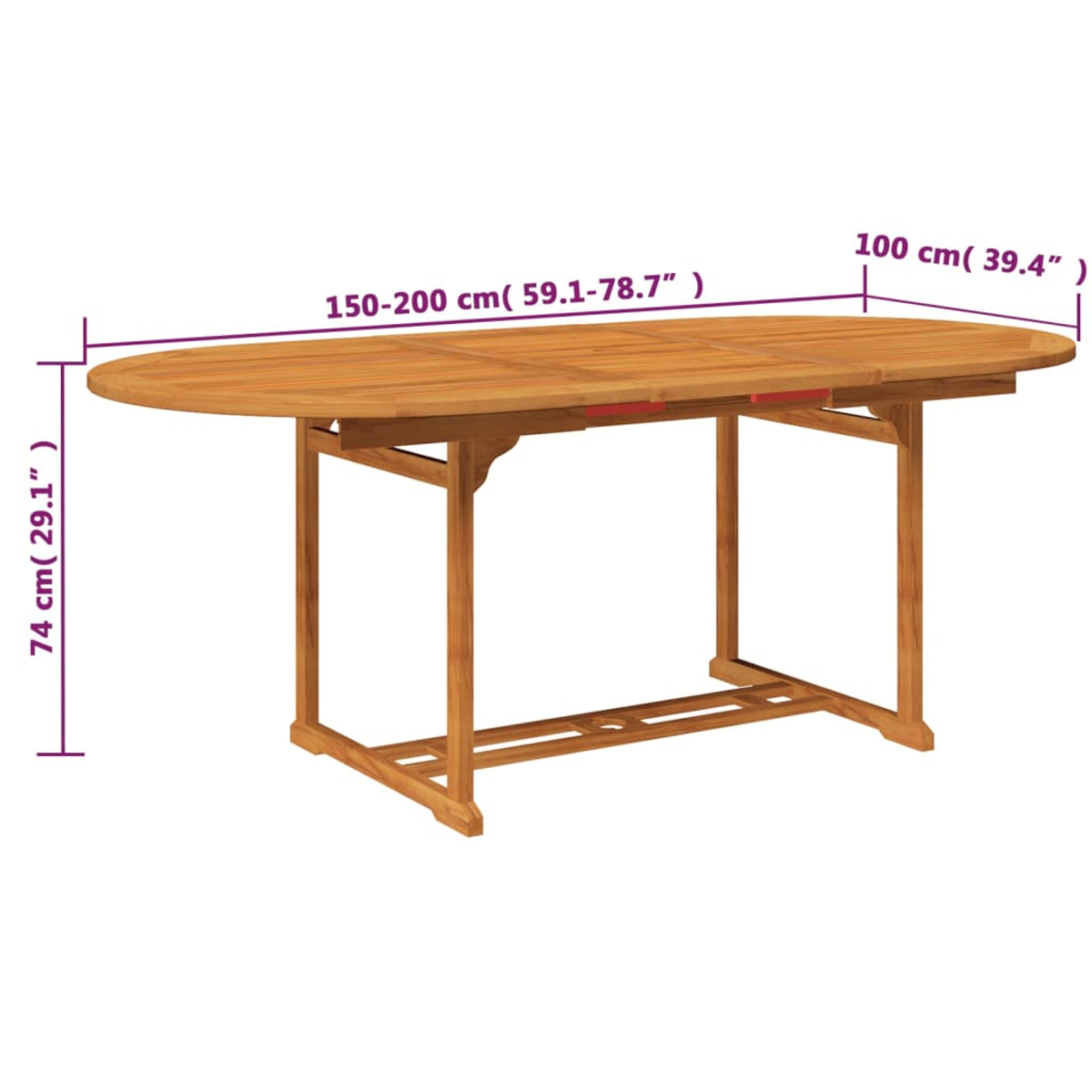 Ovaler Holztisch. Der Tisch hat einen Klappmechanismus zur Erweiterung der Tischplatte. Maße sind angegeben.