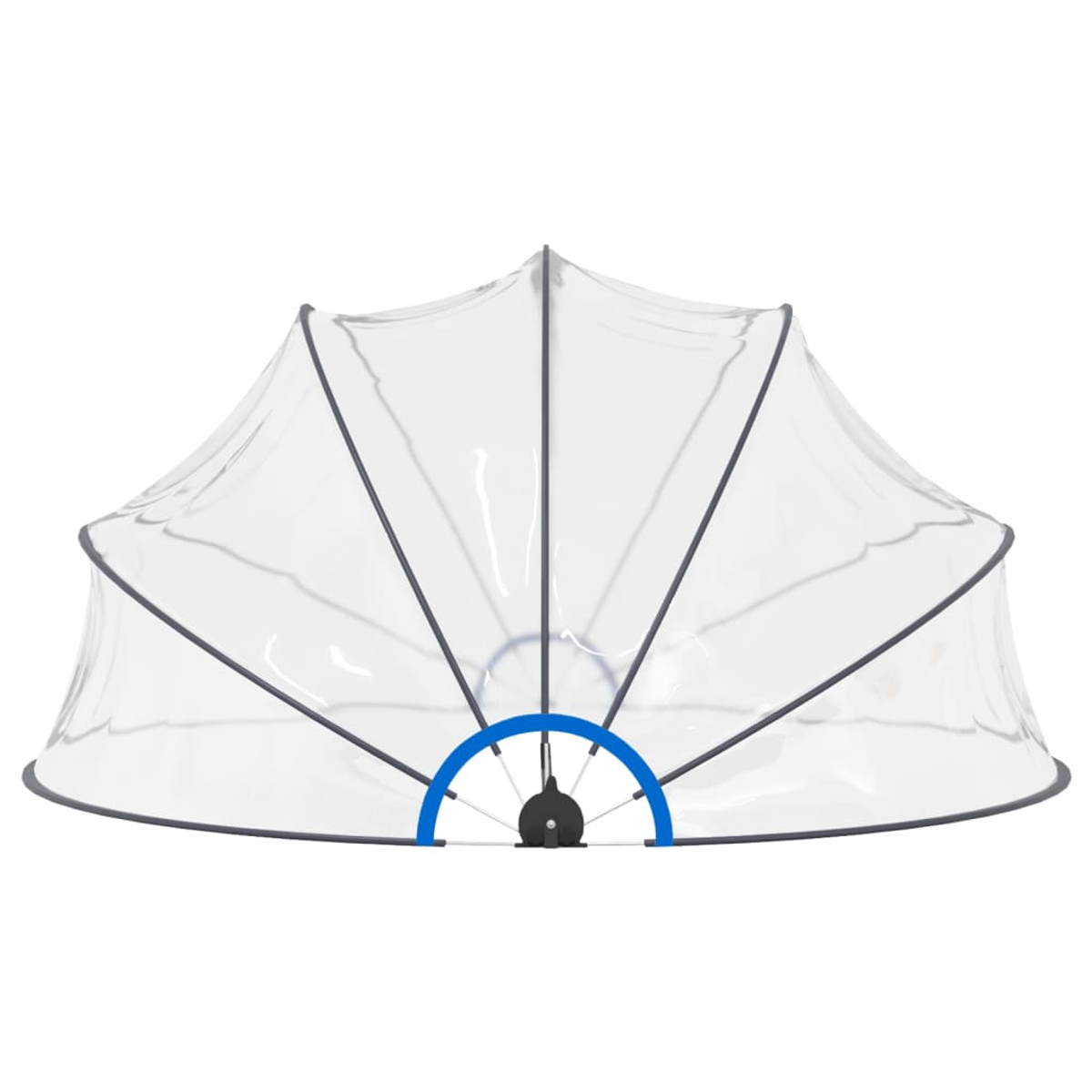 Transparente Lebensmittelabdeckung, halb geöffnet. Blau und schwarz, isoliert.