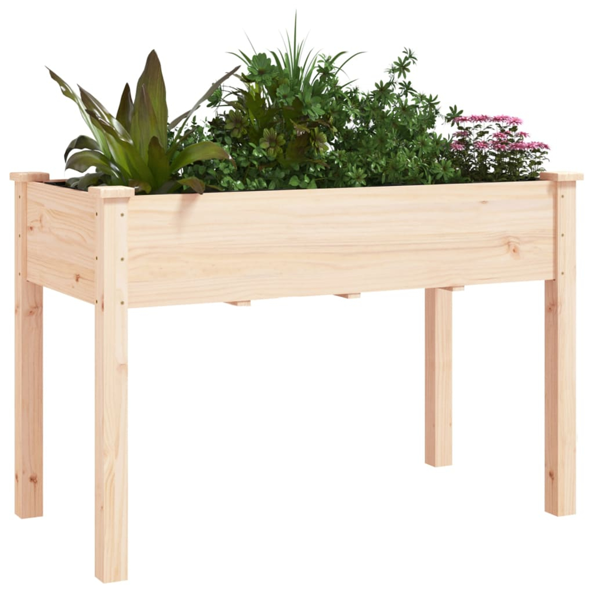 Holzpflanzkasten mit verschiedenen grünen Pflanzen und rosa Blumen.