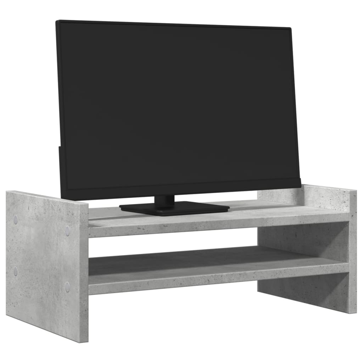 Grauer TV-Ständer mit einem schwarzen Fernseher oben. Weißer Hintergrund.
