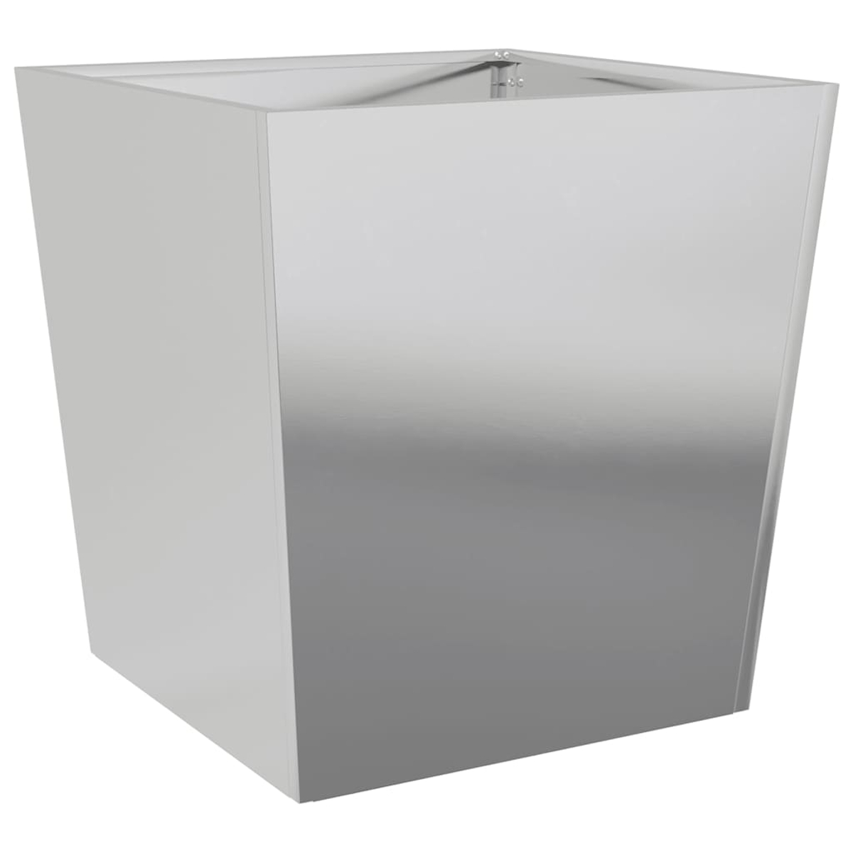 Ein hoher, silberner, quadratischer Pflanzkübel. Es ist ein modernes Design mit glänzendem Finish.